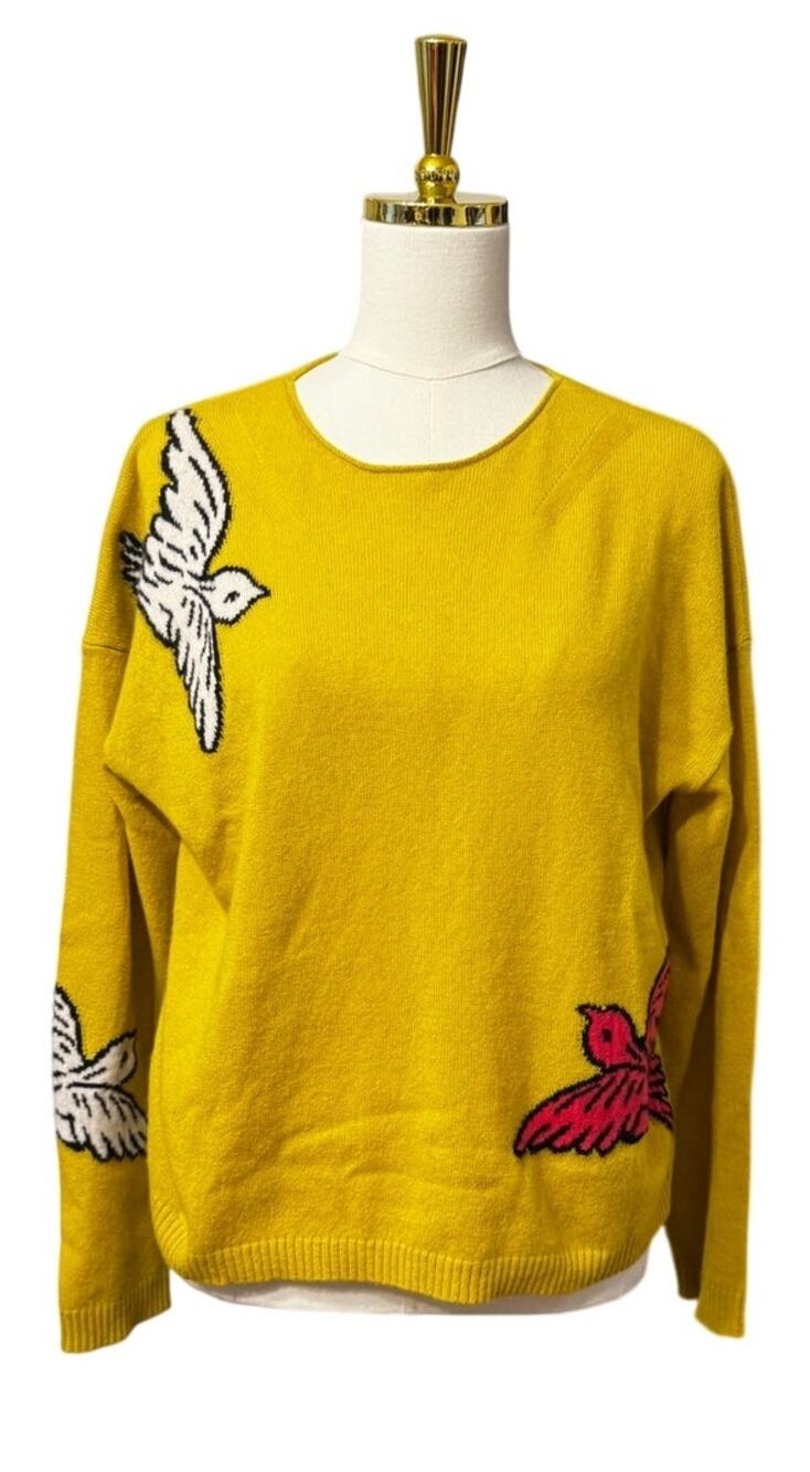 Maeve by Anthropologie Mustard Cashmere Bird Intarsia Sweater, Size Small